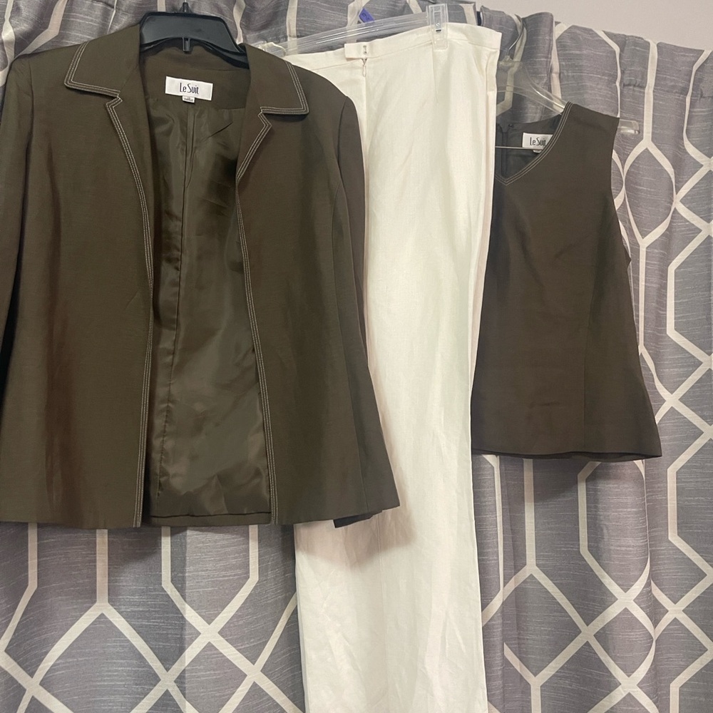 Le Suit Olive Green and White Pantsuit